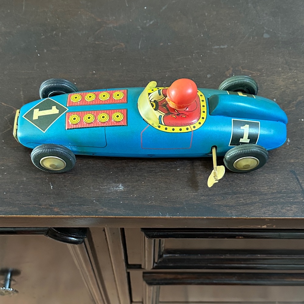 Vintage Blue Toy Race Car with Driver